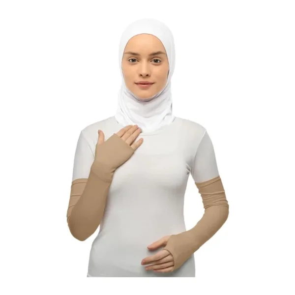 Altobeh Kesik Parmak Geçmeli Penye Tesettür Kolluk, Koyu Bej