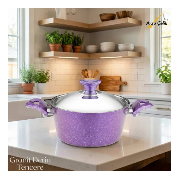 Arzu Çelik Kapaklı Violet 20 cm Derin Granit Tencere