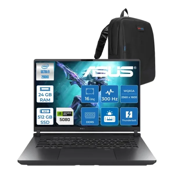 Asus Rog Strix G16 G615LW Intel Ultra 9 290HX Plus Aı 24GB Ddr5 512GB SSD 16GB/RTX5080 175W 16-Inch 2.5k (2560 x 1600, Wqxga 300Hz 3ms Freedos Gaming Laptop WTS283F01+ZETTAÇANTA - 512 GB - 24 GB