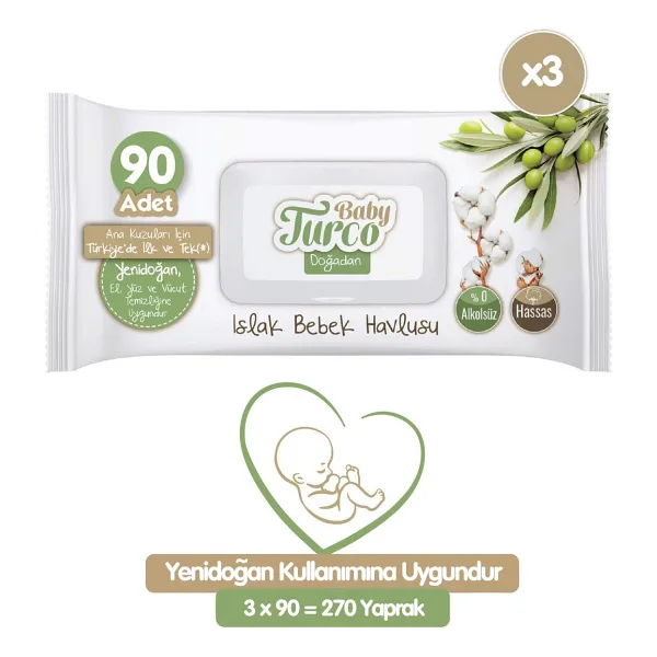 Baby Turco Doğadan Yenidoğan 90 Yaprak 3'lü Paket Islak Mendil