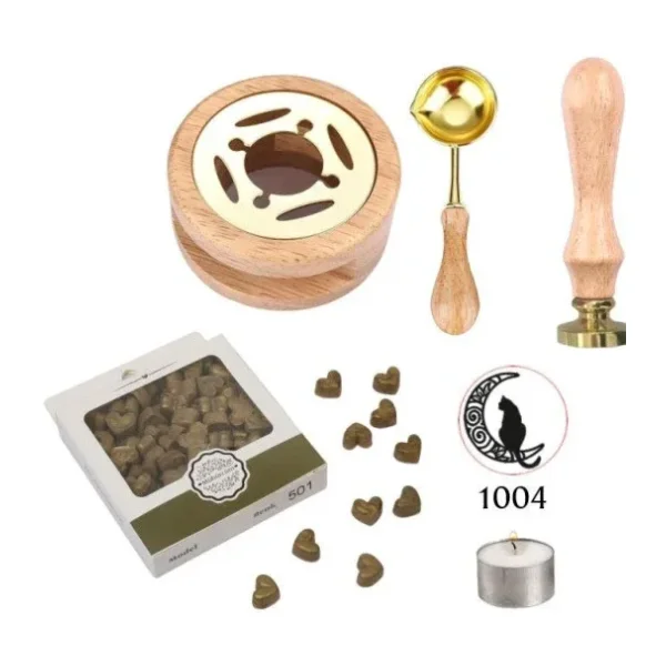 Davetiye Mum Mühürü Uygulama Seti Ahşap Rengi 1004 Ay Kedi