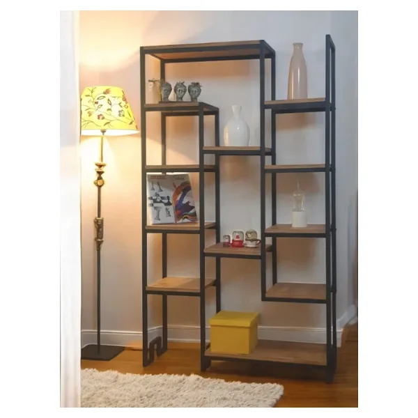 Dekoratif Çam Rengi Ahşap Raflı Metal Kitaplık Çok Amaçlı Stand Salon Ve Çalışma Odası 12 Raflı Ünite Matkapsız Kolay Kurulum
