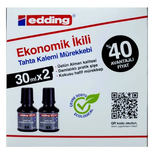Edding BT 30 beyaz yazı tahtası kalemi yedek mürekkep 2'li kutu, kırmızı