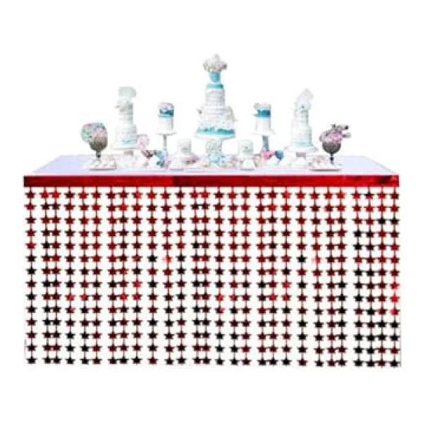 EveFix Püsküllü Işıltılı Metalize Kırmızı Yıldızlı Masa Eteği 75X360 Cm