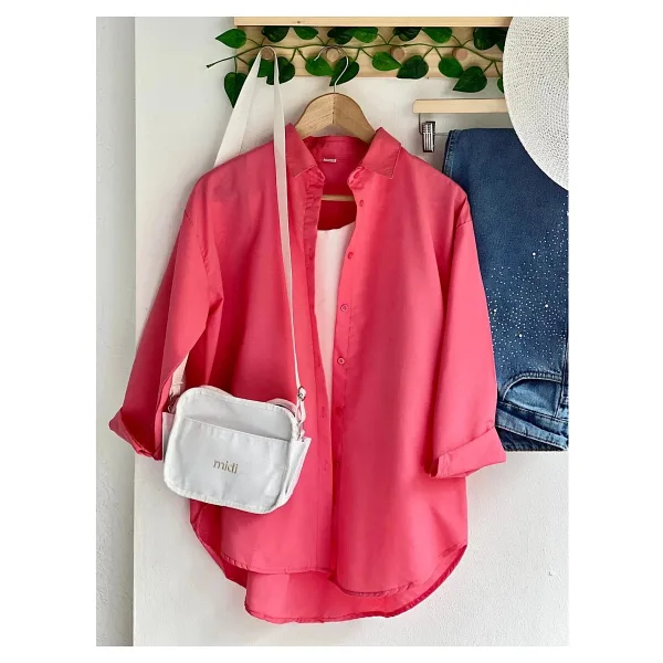 Exit Collection Abs Boyfriend Tesettür Kadın Gömlek - Uzun Kollu Oversize Kadın Gömlek - Pembe-01