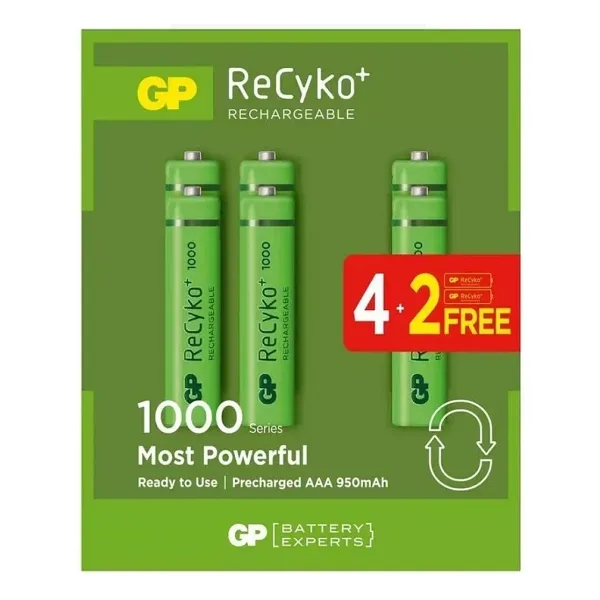 GP ReCyko 1000 mAh AAA Şarj Edilebilir İnce Kalem Pil 4+2 Paket