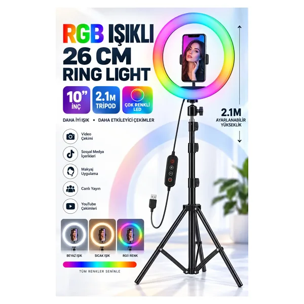 MATECHNO Rgb Işıklı 26 Cm 10 İnç Çok Renkli Led Ring Light 2.1M Tripot Youtube Tiktok Make Up Çekim Işığı
