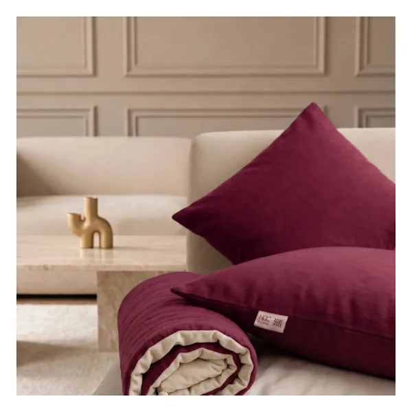 NDC Home Luxury Çift Taraflı Keten Koltuk Pedi / Şiltesi [Kırlentli] - Bordo-Krem - Bordo - Krem