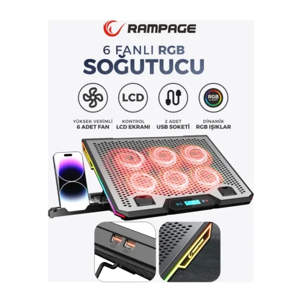 Rampage Blizzard R7 RGB 6 Fanlı USB 2.0 13"-15.6" Laptop Soğutucu