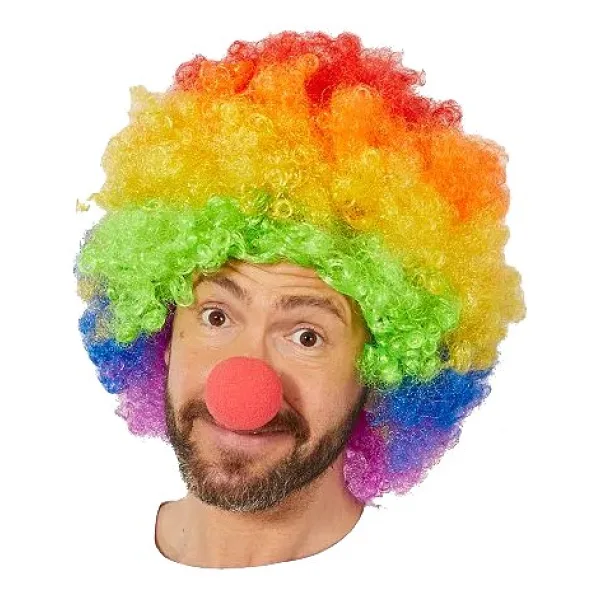 Rengarenk Gökkuşağı Afro Bonus Peruk ve Kırmızı Renk Sünger Burun 120 gr