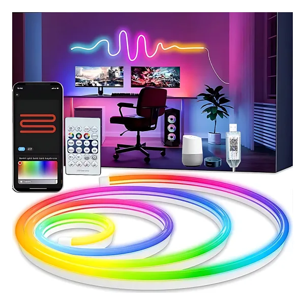 Rohs 5V Rgb Neon Şerit LED Lamba 5 Metre Kumanda ile Kontrol Sınırsız Renk Tak Çalıştır - Çok Renkli