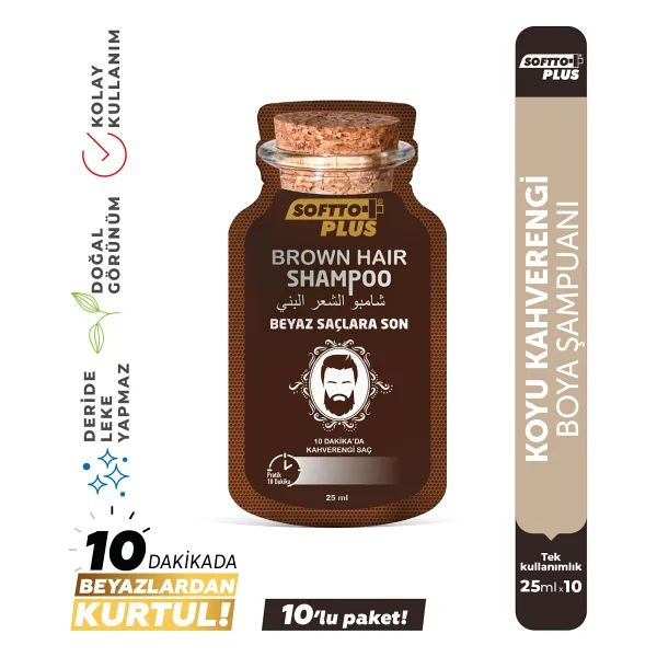 Softto Plus Brown Hair Anında Etkili Beyaz Kapatıcı Koyu Kahverengi Şampuan Boya 25 ml x 10 Adet