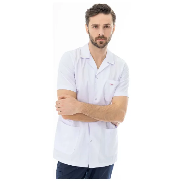 Spor Yaka Kısa Kol Erkek Doktor Önlüğü Alpaka Kumaş Beyaz Beo106 Beyaz