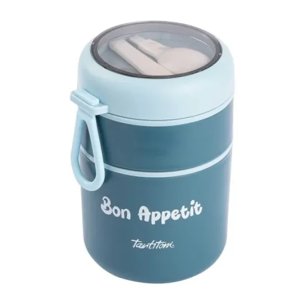 Tantitoni Paslanmaz Çelik Yuvarlak 2 Katlı Kaşıklı Yemek Taşıma Kabı 710ML Mavi - 710 ml