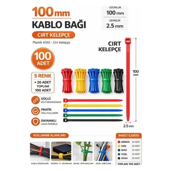 Tek-İş Plastik Kablo Bağı Klipsi Cırt Kelepçe Karışık Renk Set 100 Mm 5 Renk X 20 Toplam 100 Adet
