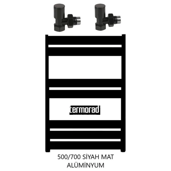 Termorad 50 x 70 cm Termorad Petsa Slim +2 Adet Radyatör Havlupan Vanası Siyah Mat 1/2'