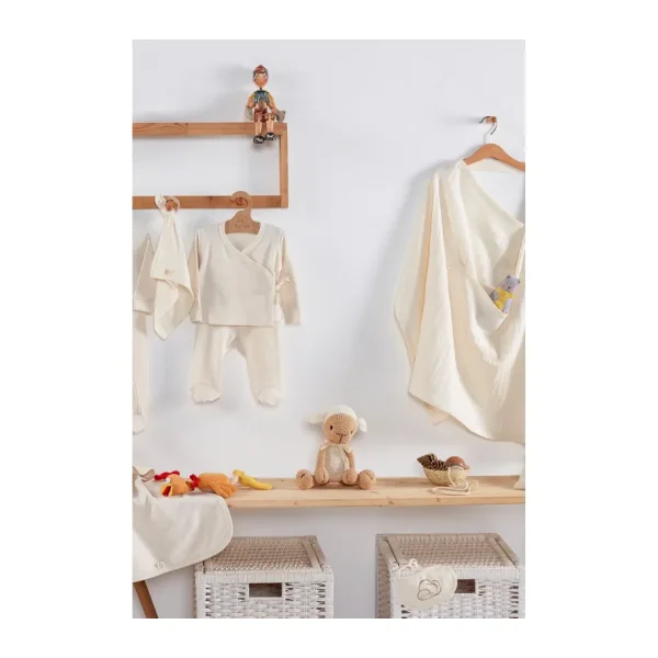 Tiny Lamb Pure Organik Pamuk Penye Yenidoğan Seti Baskısız Yenidoğan Set - 11 Parça - Krem Renk %100 Pamuk Organik Bebek Hastane Çıkışı - 0 - 3 Ay - Bej