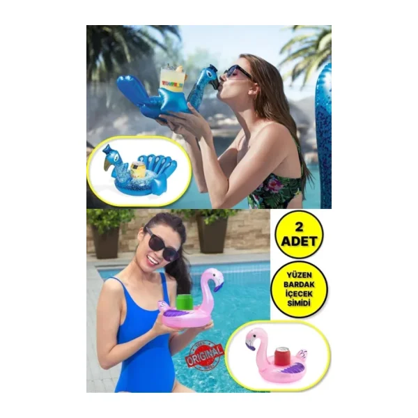 Toyfest 2 Adet - Havuz Deniz De Pelikan Ve Tavus Kuşu Modelli Şişme Yüzen İçecek Bardak Tutacağı