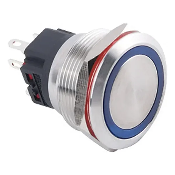 WD25B-P1-E 25mm Düz Yaylı Işıklı Metal Buton - Mavi