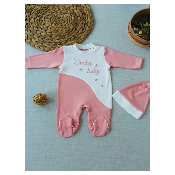 0-3 3-6 Ay Lucky Baby Nakışlı Es Çizgi Boy Şapkalı Kız Bebek Tulumu Pudra