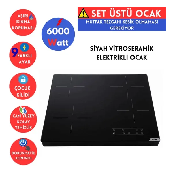 Afm Tech Fc-06 Siyah Tezgah & Set Üstü Vitroseramik Elektrikli Ocak / Dokunmatik Dijital Gösterge