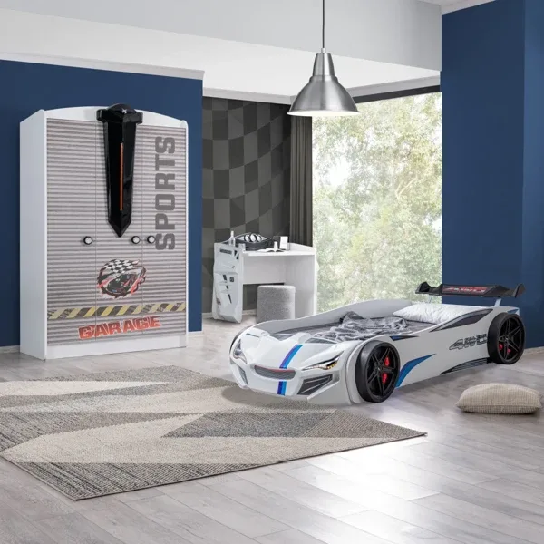 Çocuk Odası - Merso Arabalı Yatak - Sport 3 Kapılı Dolap, Masa - Beyaz