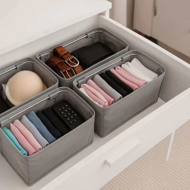 Deconox 4 Adet Tek Boy Katlanabilir Çekmece Organizer Seti Dolap İçi Saklama Kutusu İç Giyim, Çorap ve Aksesuar Düzenleyici Telli Dik Duruş Sağlayan Kumaş Dolap Düzenleyici 30x15x12.5cm