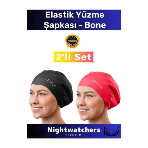 Deluxe Su Geçirmez Sızdırmaz Renkli Silikon Yüzücü Havuz Deniz Bone Elastik Yüzme Şapkası 2'li Set