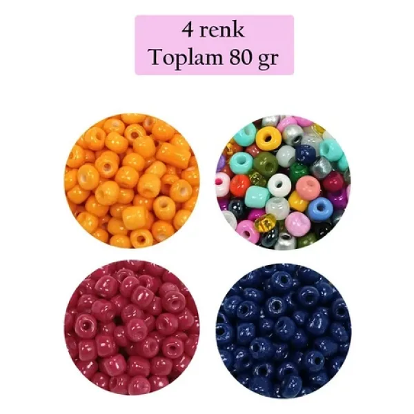 Dökme Cam Kum Boncuk Büyük Boy (6/0) 4 mm - 4 Renk - Toplam 80 Gram - BNC413