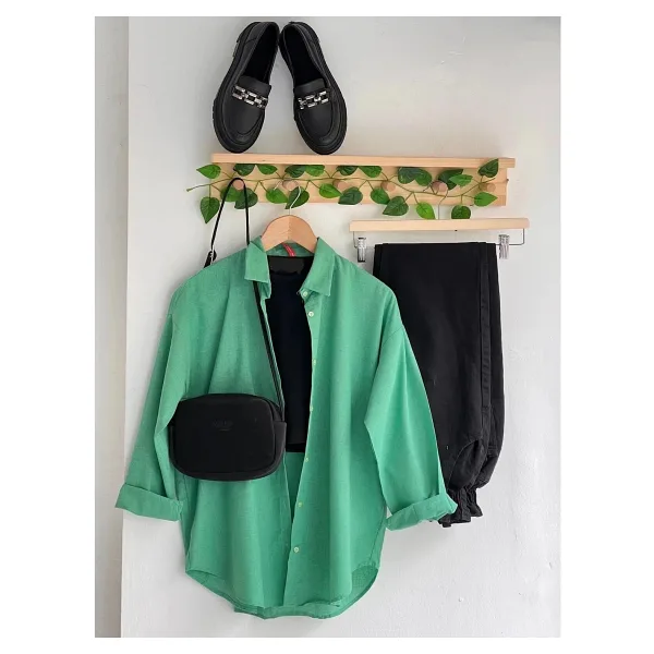 Exit Collection Abs Boyfriend Tesettür Kadın Gömlek - Uzun Kollu Oversize Kadın Gömlek - Açık Yeşil