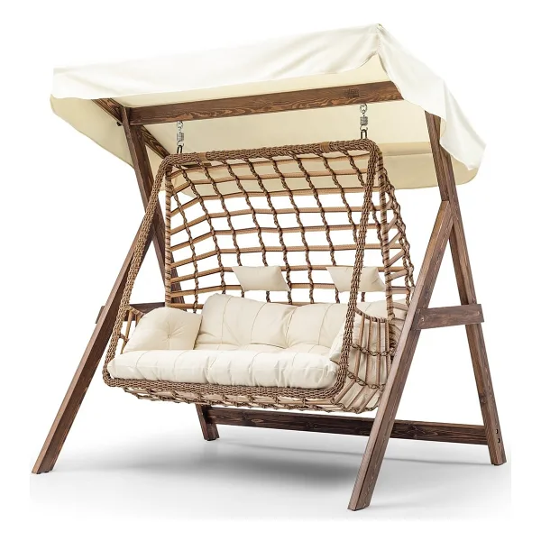 Hier Girne Swing Ahşap Rattan Salıncak Dış Mekan Bahçe Balkon Ve Teras Salıncağı Krem