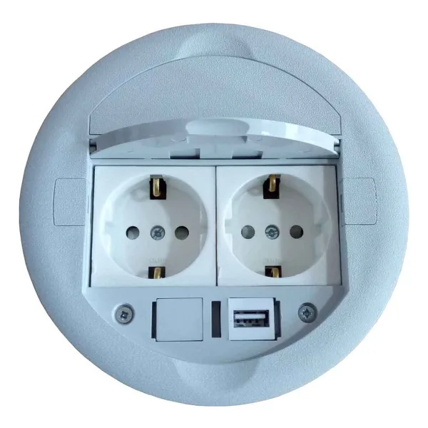 Masa Üstü Priz Kutusu Gömme Tip Gri + 2 Ad. Priz+1 Ad. USB Geçiş