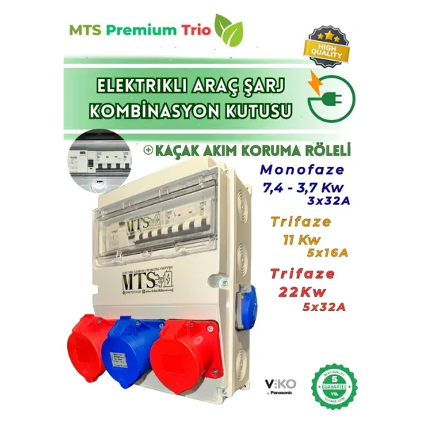 Mtsevcharger 22Kw + 11Kw + 7.4Kw 3 Lü Kombinasyon Kutusu V'ko Kaçak Akım Ve Sigorta Elektrikli Araç Şarj Cihazı