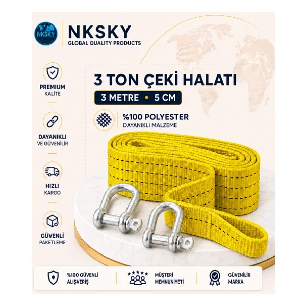 NKSKY 3 Ton Araç Çekme Halatı 3 Metre 5 cm Genişlik Güçlendirilmiş Uçlu Oto Çeki Halatı (Sarı)