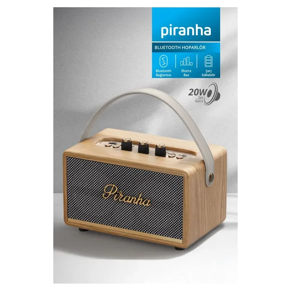 Piranha 7850-T Retro Bluetooth Hoparlör 20W RMS Taşınabilir Kablosuz Speaker Type-C Şarj USB/TF Destek