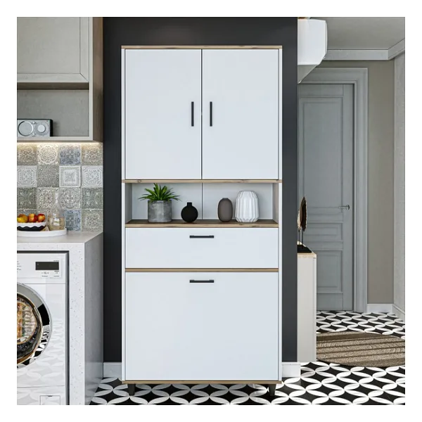 Roomart Çamaşır Sepetli Banyo Dolabı, Çok Amaçlı Çekmeceli Dolap 90 x 200 cm - Atlantik Çam - Beyaz
