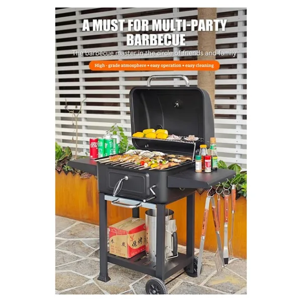 SOMINECO Tekerlekli Kömürlü Bbq Dökme Demir Kömürlü Mangal Fırınlı Büyük Barbekü Izgara 01022