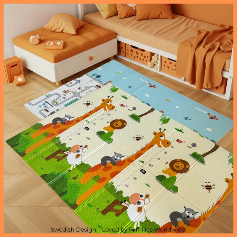 Sweden Baby Safari Walk Çift Taraflı Katlanabilir Oyun Halısı ve Matı Premium Seri - Taşıma Çantalı - Renkli - 180 x 150 x 1 cm