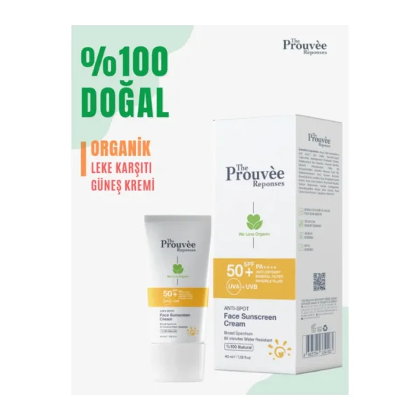The Prouvee Reponses %100 Doğal 50+SPF Anti-Spot Leke Karşıtı Yüz için Organik Güneş Koruyucu Krem 40 ml