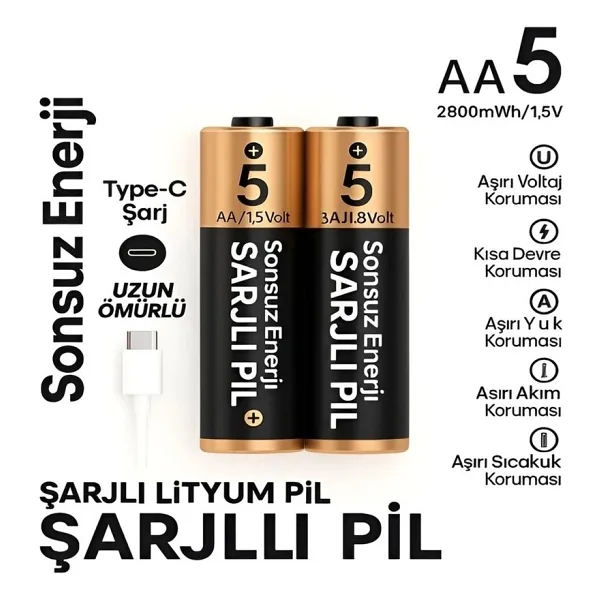 Type-c Şarjlı 2800mwh 1.5v Şarj Edilebilir 2'li Aa5 Kalın Pil - Lityum Iyon Batarya