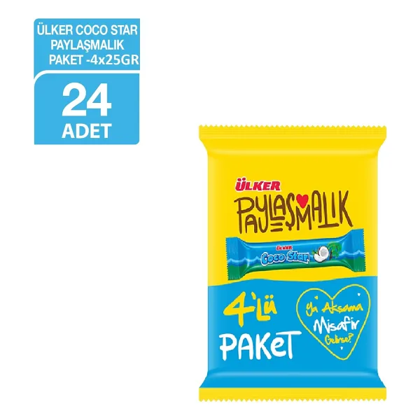 Ülker COCOSTAR Hindistan Cevizli Sütlü Çikolata Kaplamalı Bar - 4'lü Paket - 100 gram - 24 Adet