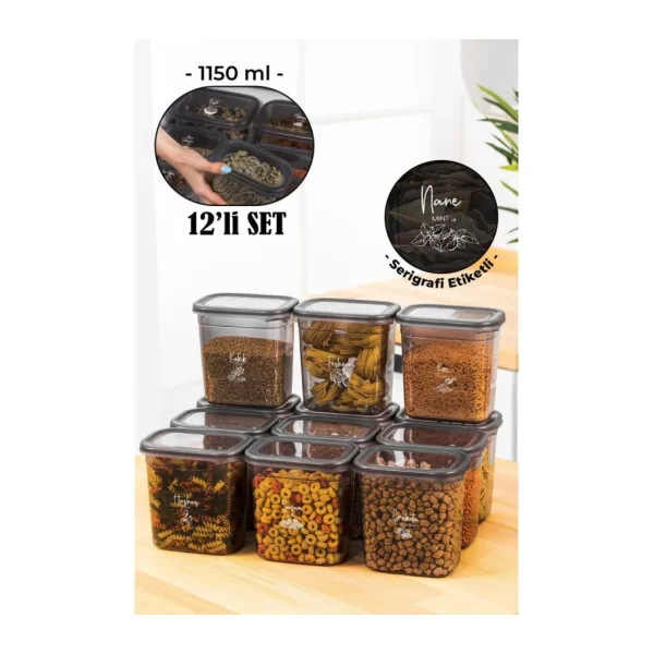 Vienev Beyaz Serigrafi Etiketli 12li Peggy Dikdörtgen Baharatlık Seti 1150 Ml Antrasit