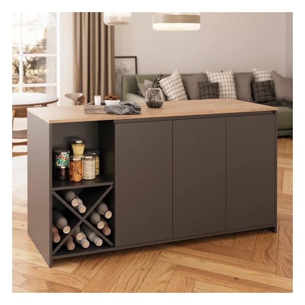 Bimossa Gustav L4720 Mutfak Adası 160 cm - Antrasit Ahşap Üst Bar Masası, Çok Amaçlı, Depolamalı Açık Raflı Dolap - Antrasit - Ceviz - 160x92x68