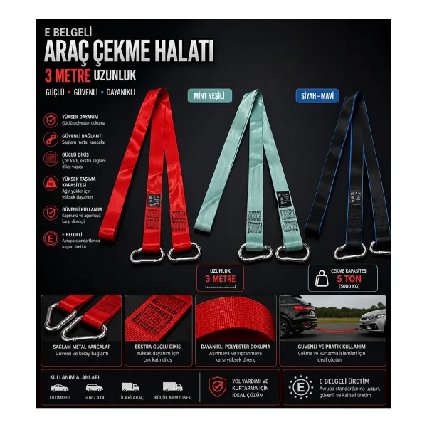 cabbaroğlu ticaret E-Onaylı Araç Çekme Halatı 3 Metre 5 Ton Kapasiteli - Güçlü Dikişli Metal Kancalı Çekme Kayışı