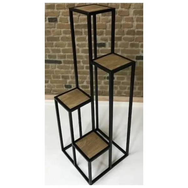 Çiçeklik Zlf 13547 Dekoratif Kule Model Metal Çelik Siyah Statik Boya Ahşap tabla