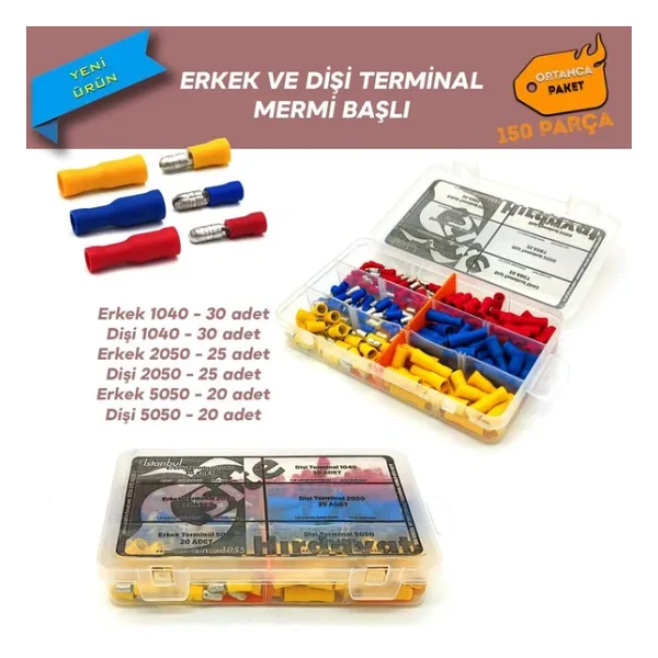 Erkek Ve Dişi Mermi Başlı Ek Terminal Seti, Ortanca Paket 150 Parça