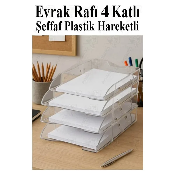 Evrak Rafı 4 Lü Şeffaf Masaüstü 1 Paket Plastik Evrak Rafı Masa Üstü Şeffaf Hareketli A4 Dosya Düzenliyici Kağıt Tepsisi