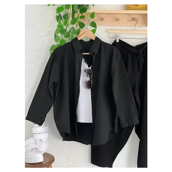 Exit Collection Abs Boyfriend Tesettür Kadın Gömlek - Uzun Kollu Oversize Kadın Gömlek - Siyah