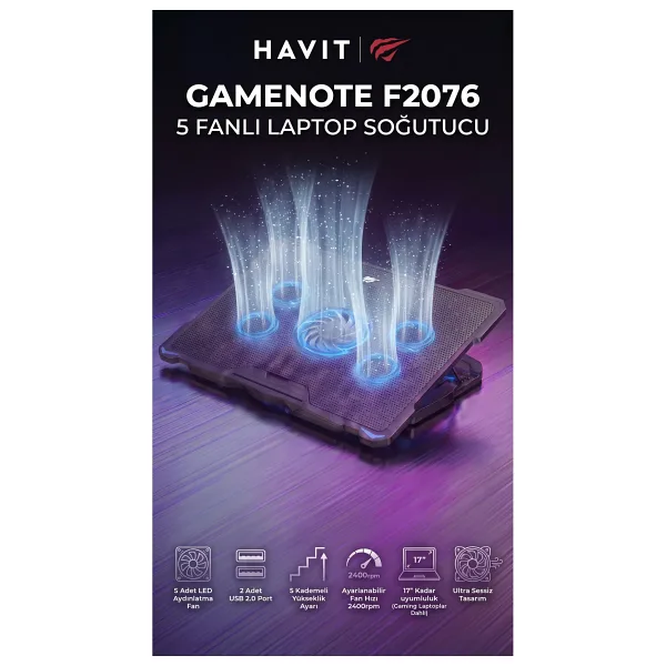 Havit Gamenote F2076 17" Uyumlu 5 Fanlı Işıklı Laptop Soğutucu Stand 2400RPM