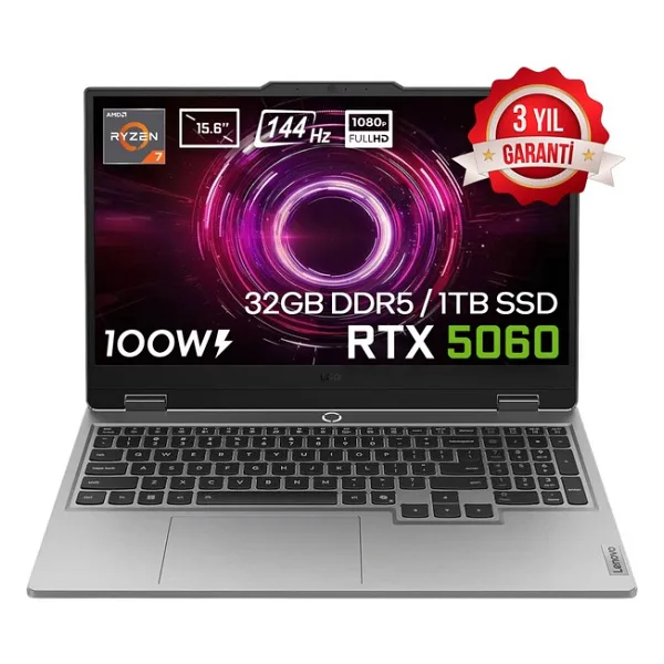 Lenovo LOQ 15AHP10 AMD Ryzen 7 250 32GB DDR5 1TB SSD RTX 5060 8GB 100W 15.6 inç Full HD 144Hz IPS FreeDos Gaming Laptop (83JG008UTRv2) - 1 TB - 32 GB